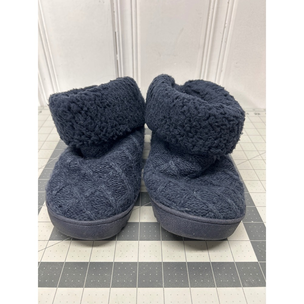 Muk Luks Slipper Boots Womens Size M 7-8 Navy Blue Cable Knit Faux Fur Cuff